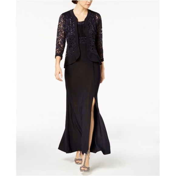 r&m richards sequined lace belted gown and jacket